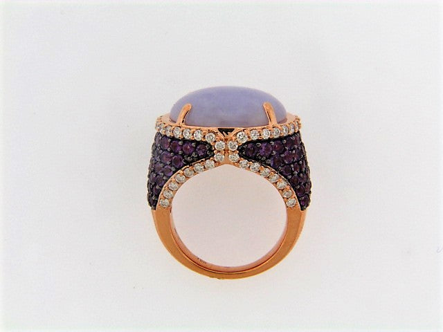 18K-RG LAVENDER JADEITE, AMETHYST AND DIAMOND RING