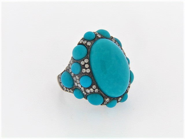 18K BLACKENED GOLD TURQUOISE AND DIAMOND RING