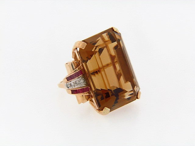 14K-YG+RG CITRINE, RUBY AND DIAMOND RING