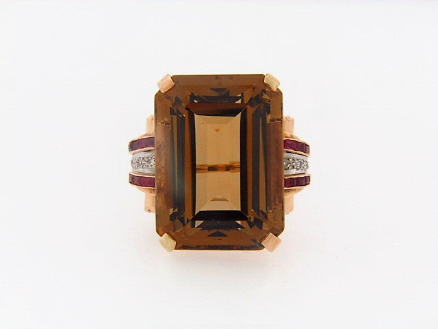 14K-YG+RG CITRINE, RUBY AND DIAMOND RING