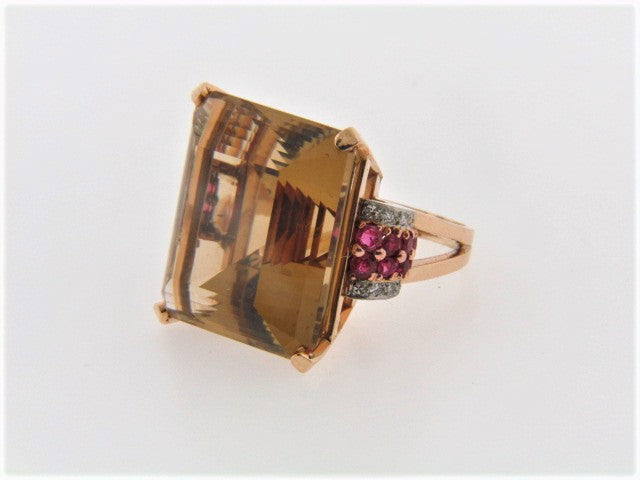 14K Rose Gold Citrine, Ruby and Diamond Ring