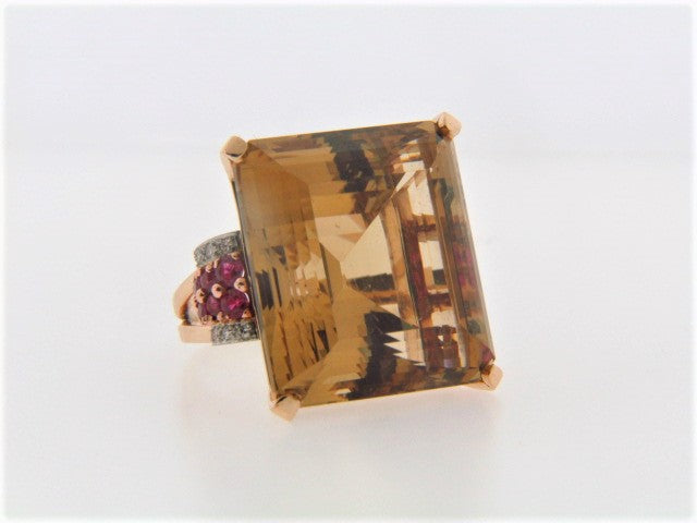 14K Rose Gold Citrine, Ruby and Diamond Ring