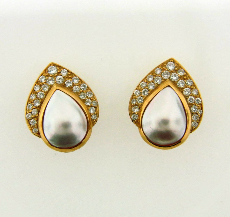 18K Yellow Gold, White Pearl and Diamond Earclips