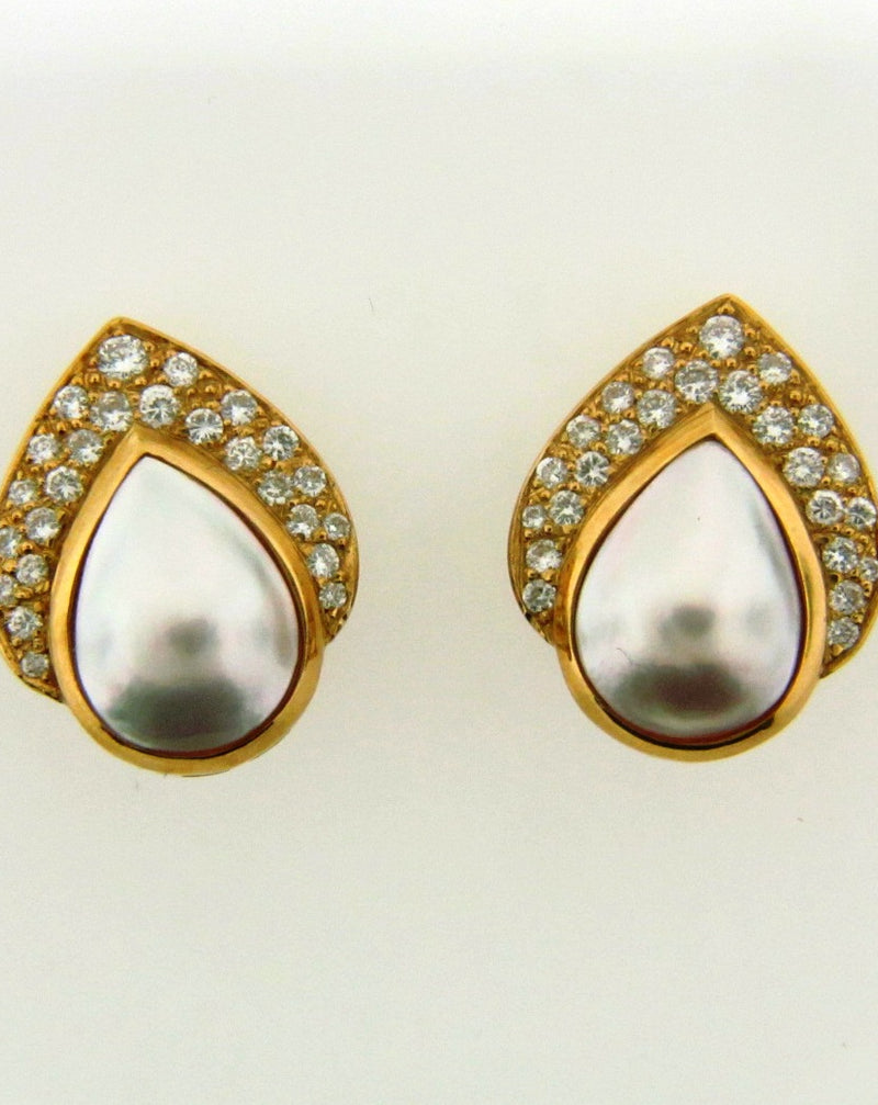 18K Yellow Gold, White Pearl and Diamond Earclips