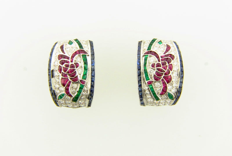Art Deco, 18K White Gold, Diamond and Colored Stone Earrings
