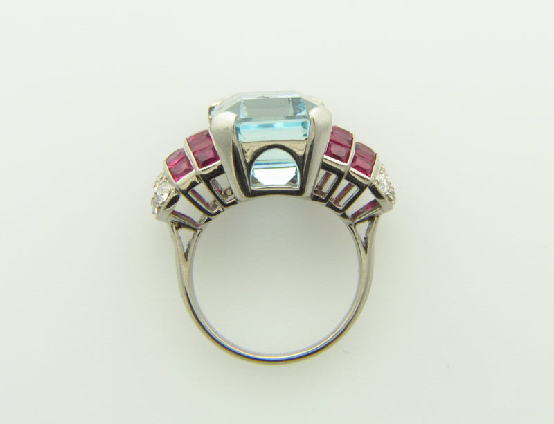 Retro Platinum, Aquamarine, Ruby, and Diamond Ring | 18 Karat Appraisers | Beverly Hills, CA | Fine Jewelry