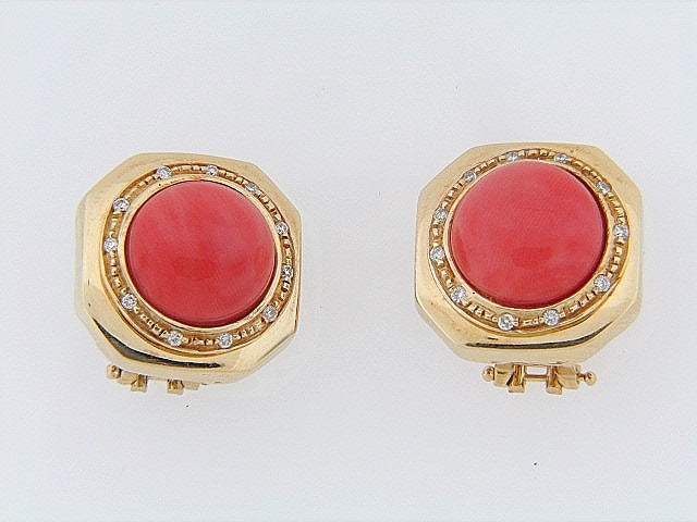 18K-YG CORAL AND DIAMOND EARRINGS