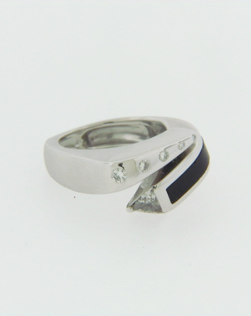 14K WHITE GOLD BLACK ONYX AND DIAMOND BYPASS RING | 18 Karat Appraisers | Beverly Hills, CA | Fine Jewelry