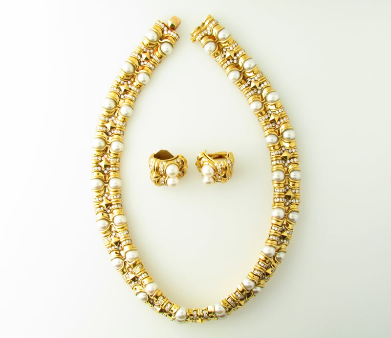 18K Yellow Gold, Diamond and Pearl Set by Bvlgari | 18 Karat Appraisers | Beverly Hills, CA | Fine Jewelry