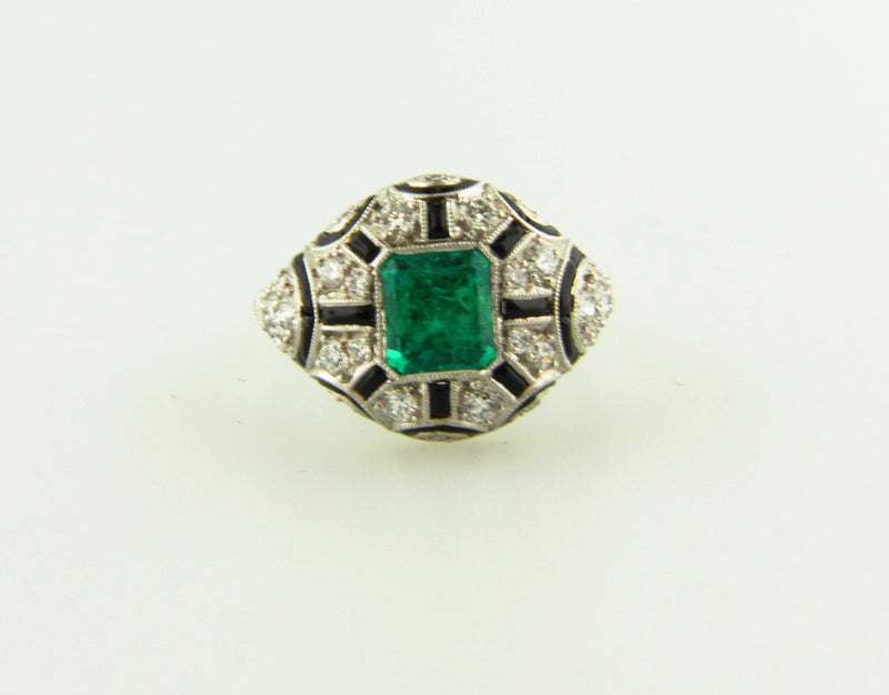 Art Deco, Platinum Emerald, Diamond, Onyx  Ring