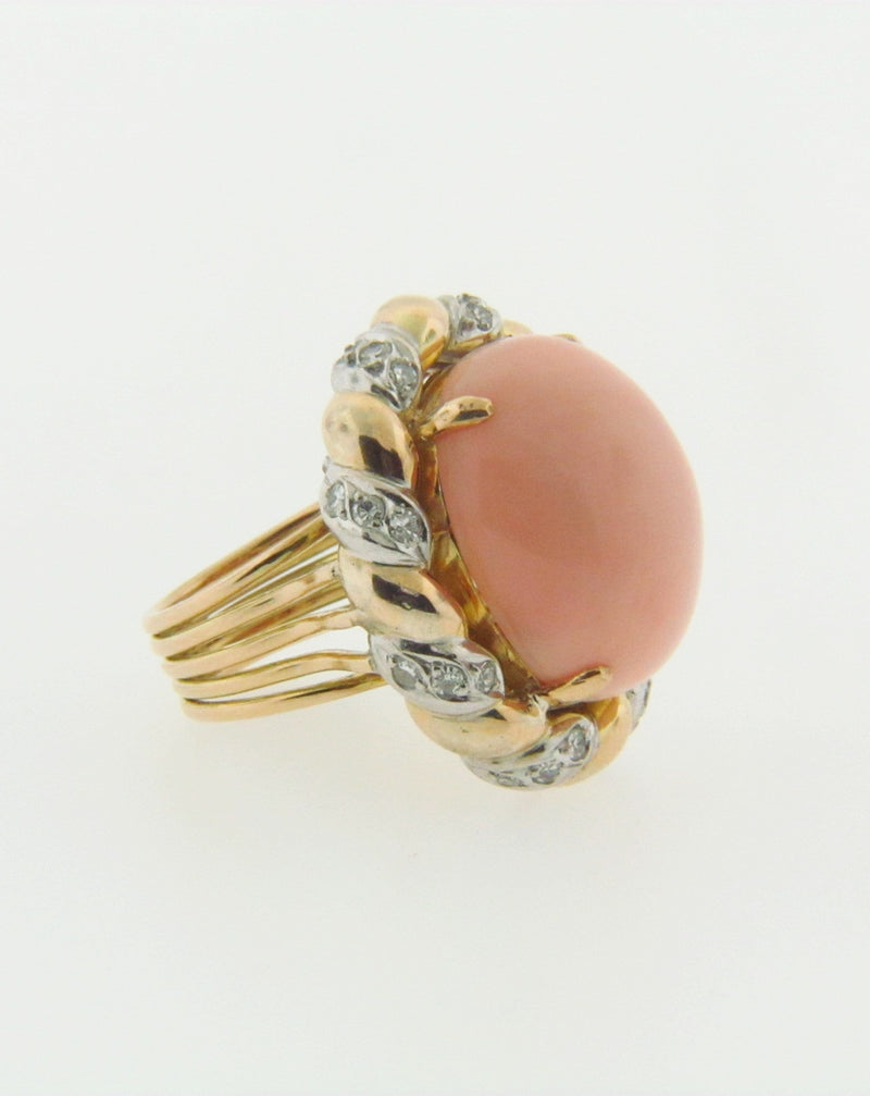 14K YELLOW GOLD PINK CORAL AND DIAMOND RING