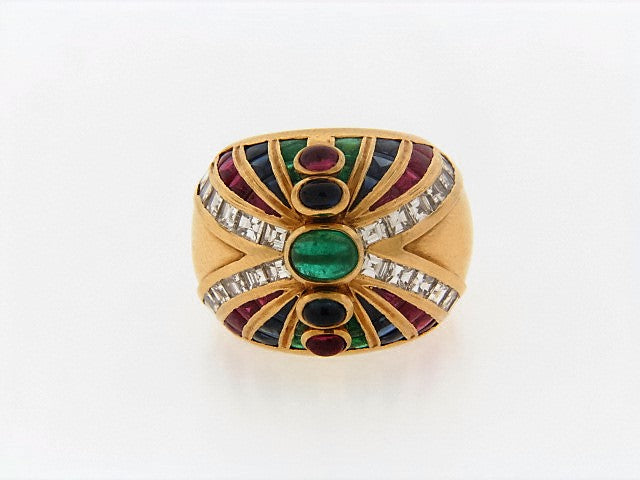 18K-YG MULTI-COLOR GEMSTONE AND DIAMOND DOME RING