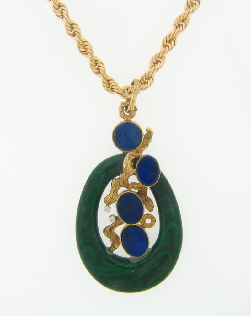 14K Yellow Gold Lapis Lazuli, Malachite, and Diamond Pendant | 18 Karat Appraisers | Beverly Hills, CA | Fine Jewelry