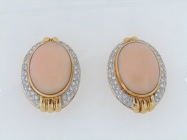 18K-YG PINK CORAL AND DIAMOND EARRINGS