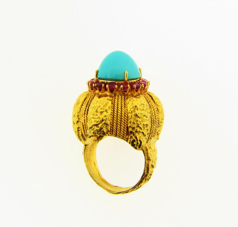 18K Yellow Gold, Turquoise and Ruby Dome Ring