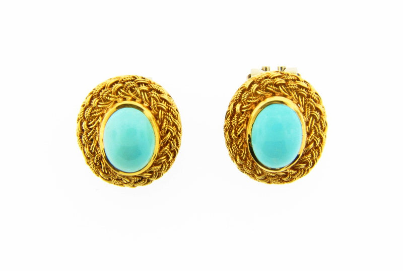 18K Yellow Gold, Turquoise Button Earrings