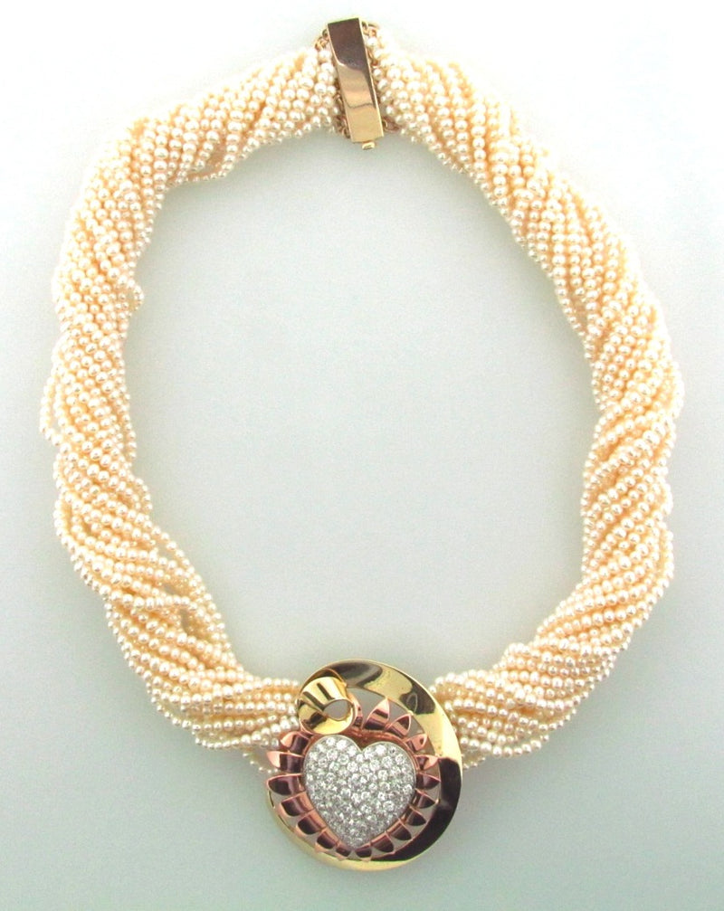 Retro 14K Yellow Gold, Rose Gold, and Platinum Diamond Pearl Necklace | 18 Karat Appraisers | Beverly Hills, CA | Fine Jewelry