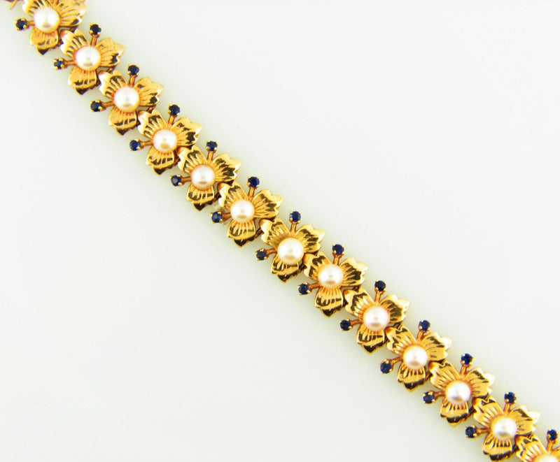 14K Yellow Gold, Pearl and Sapphire Bracelet | 18 Karat Appraisers | Beverly Hills, CA | Fine Jewelry