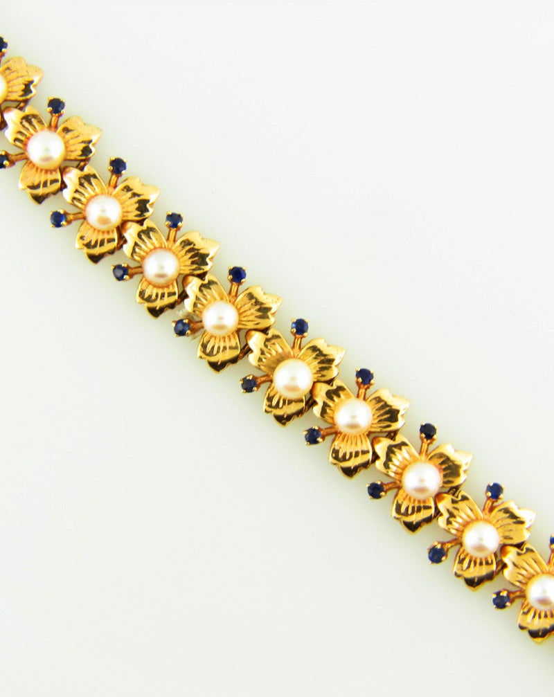 14K Yellow Gold, Pearl and Sapphire Bracelet | 18 Karat Appraisers | Beverly Hills, CA | Fine Jewelry