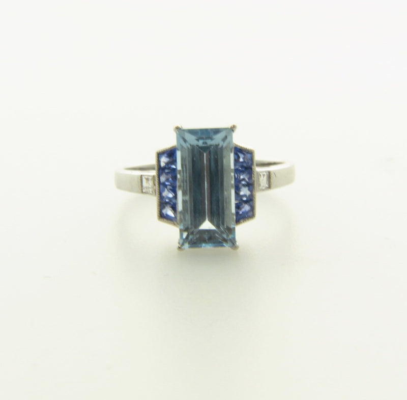 Platinum Aquamarine, Sapphire, and Diamond Ring | 18 Karat Appraisers | Beverly Hills, CA | Fine Jewelry