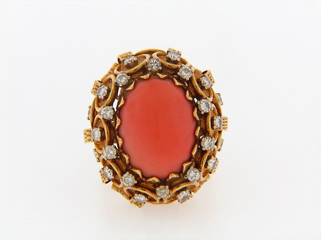 18K-YG PINK CORAL AND DIAMOND RING