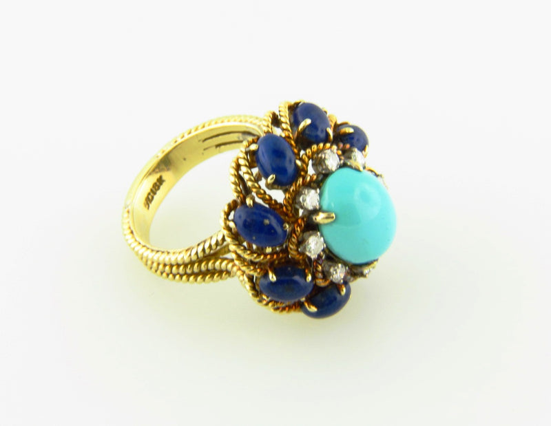 18K Yellow Gold, Turquoise, Lapis Lazuli, and Diamond Ring