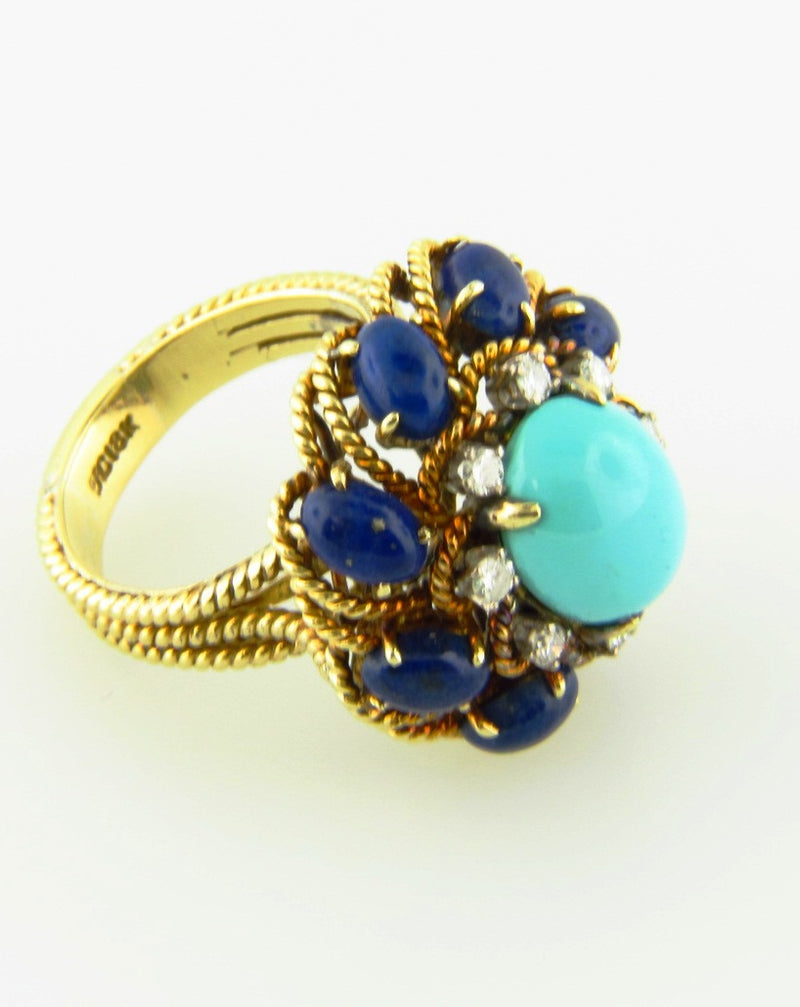 18K Yellow Gold, Turquoise, Lapis Lazuli, and Diamond Ring