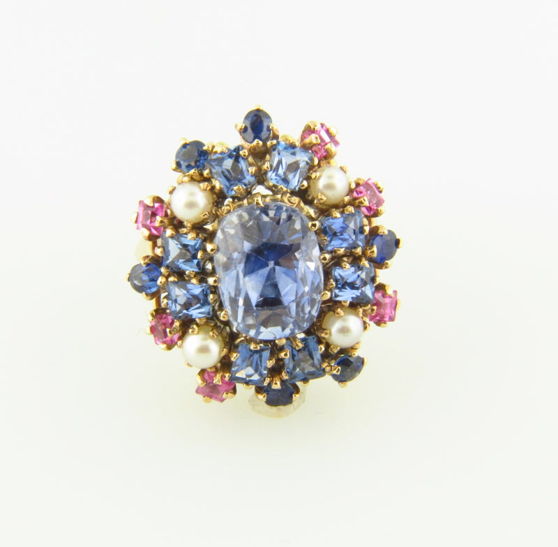 14K Yellow Gold, Sapphire and Pearl Cluster Ring