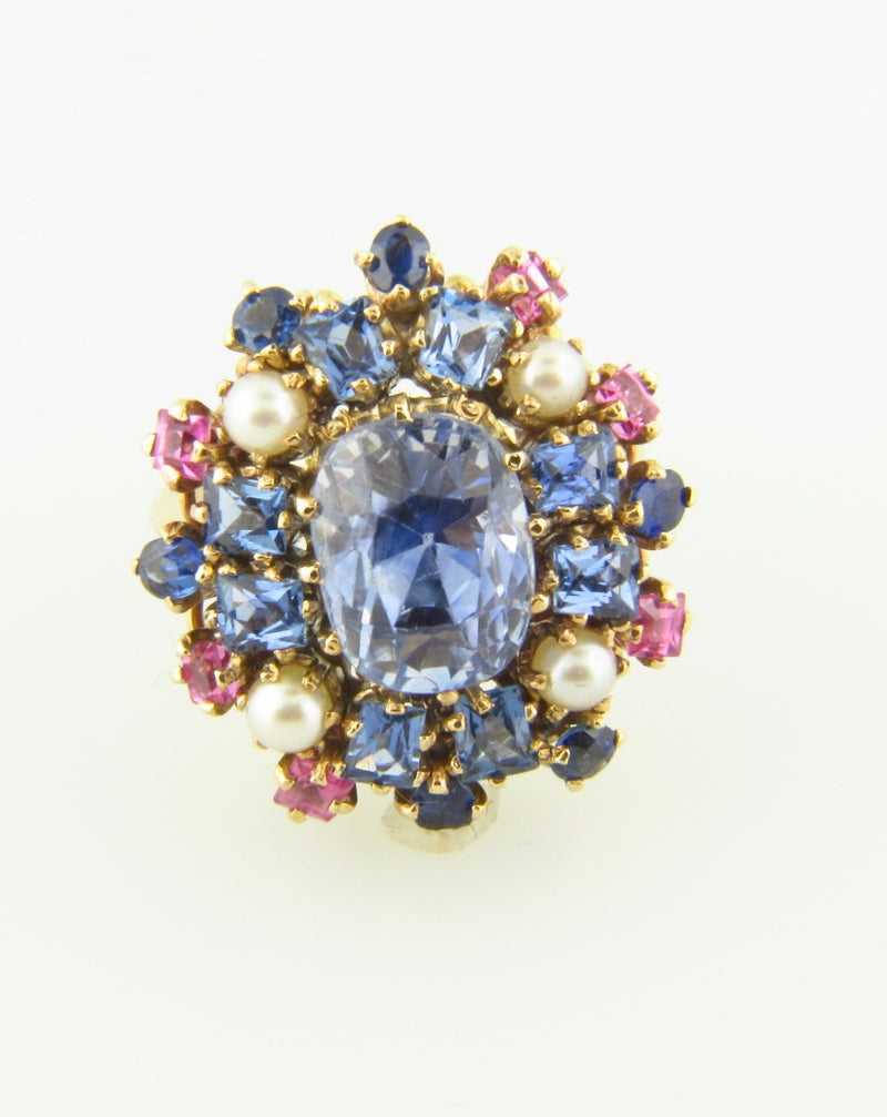 14K Yellow Gold, Sapphire and Pearl Cluster Ring