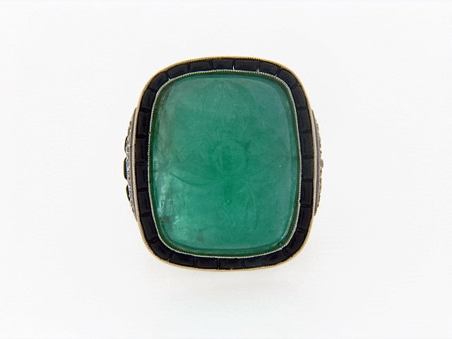 PLATINUM EMERALD, DIAMOND, AND BLACK ONYX RING | 18 Karat Appraisers | Beverly Hills, CA | Fine Jewelry