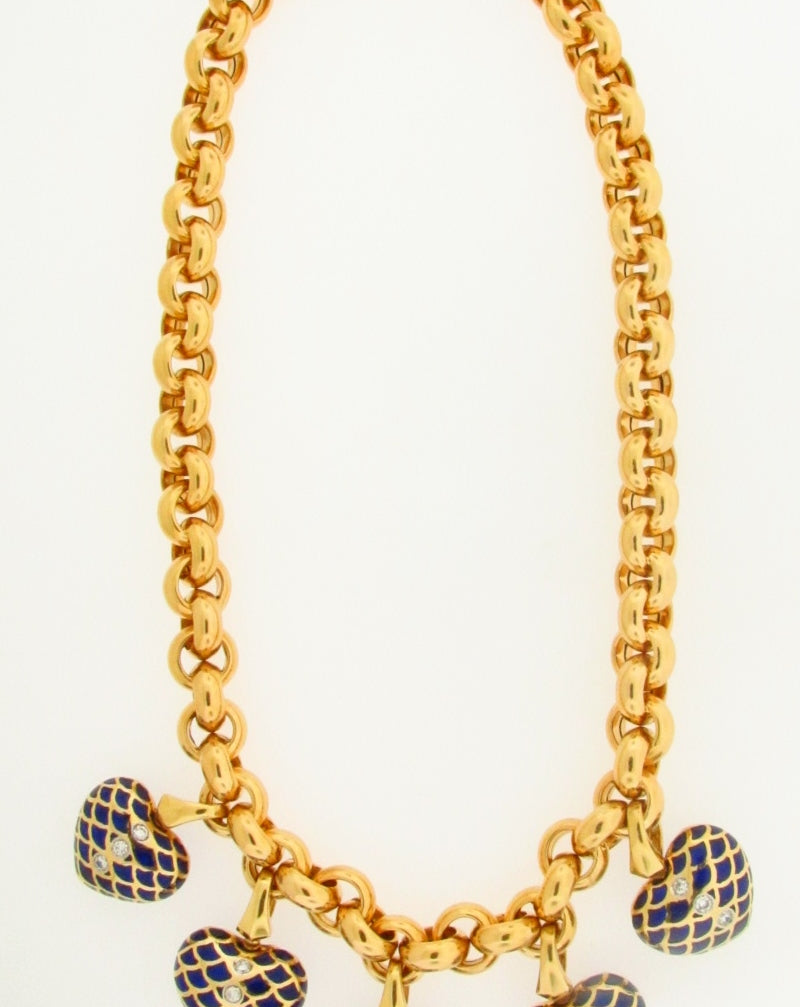 18K YELLOW GOLD BLUE ENAMEL AND DIAMOND NECKLACE | 18 Karat Appraisers | Beverly Hills, CA | Fine Jewelry