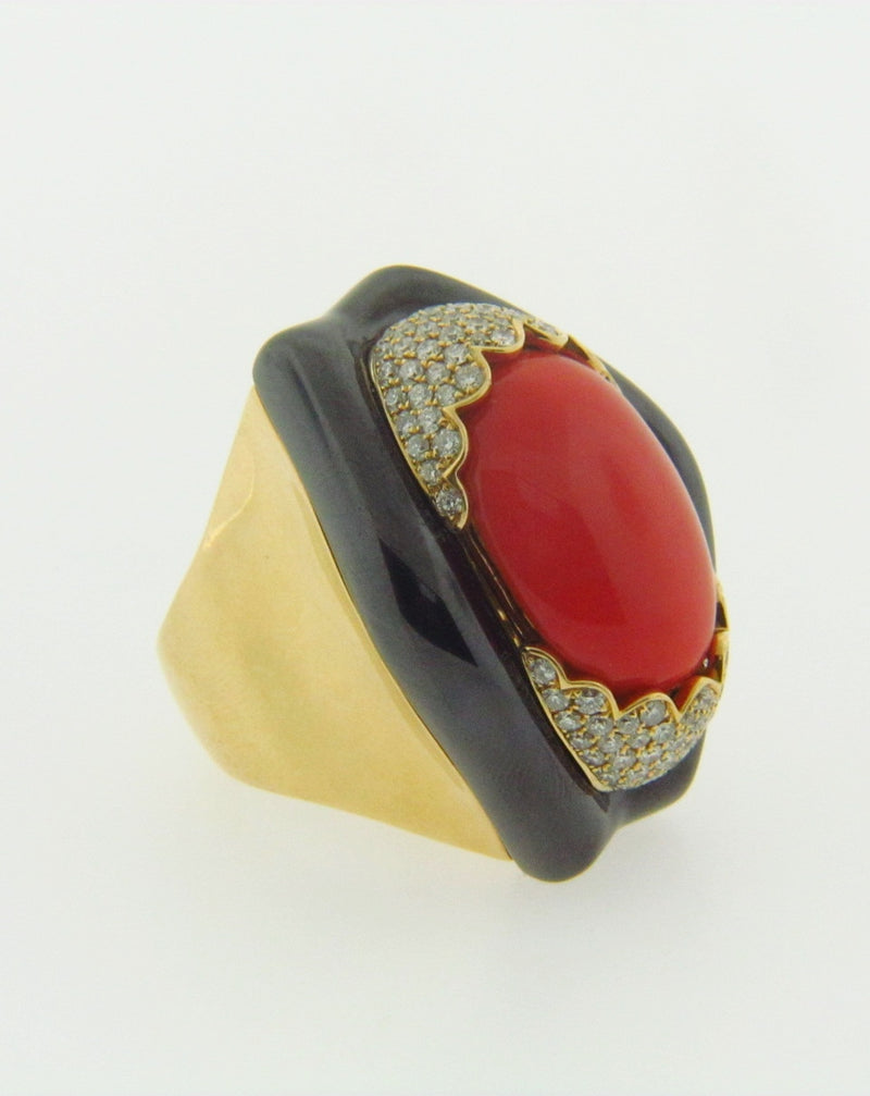 18K YELLOW GOLD CORAL, HEMATITE, DIAMOND RING | 18 Karat Appraisers | Beverly Hills, CA | Fine Jewelry