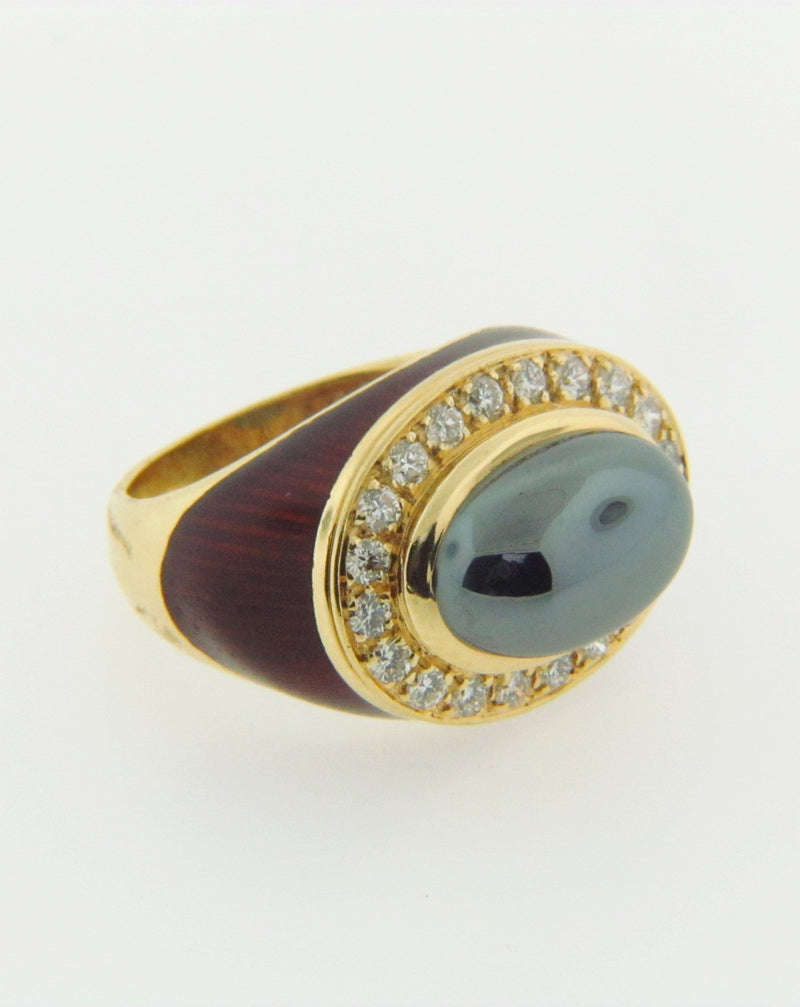 18K-YG HEMATITE, DIAMOND, AND ENAMEL RING