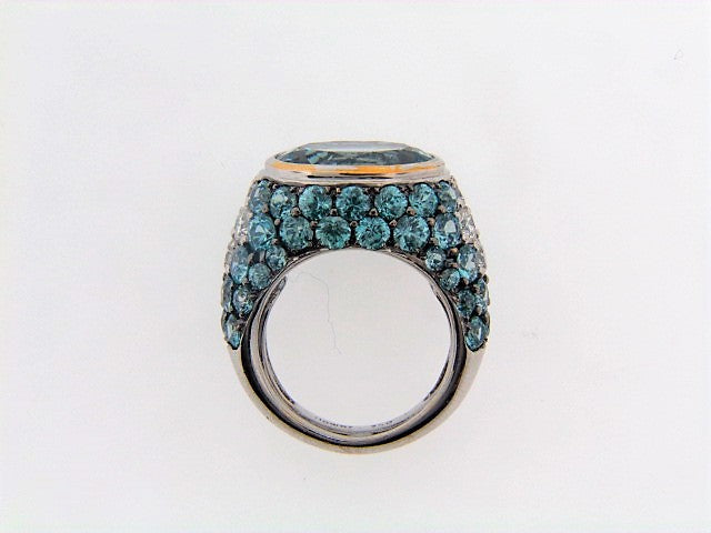 18K-WG AQUAMARINE, BLUE ZIRCON AND DIAMOND RING