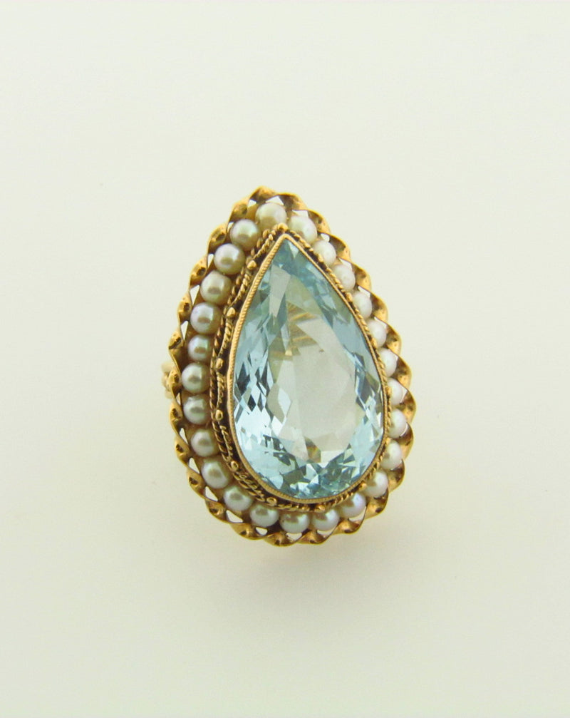 14K Yellow Gold Aquamarine and Pearl Ring | 18 Karat Appraisers | Beverly Hills, CA | Fine Jewelry