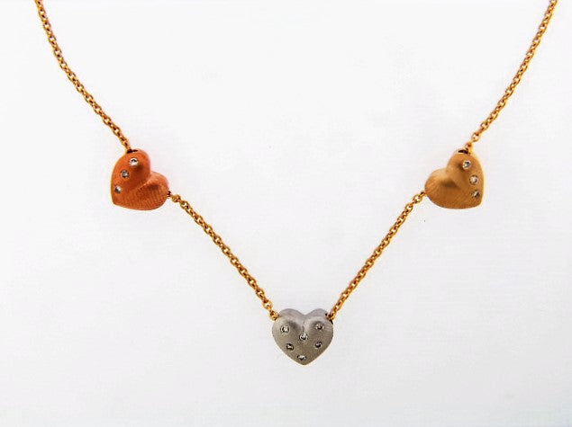 14K-YG DIAMOND TRI-COLOR GOLD HEART CHARMS NECKLACE