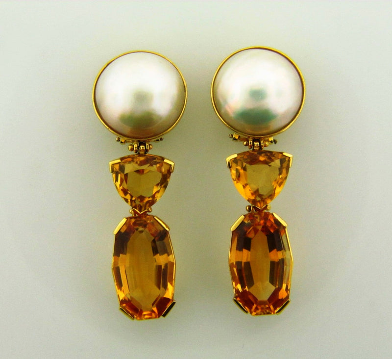 18K Yellow Gold Citrine and Mabe Pearl Earrings | 18 Karat Appraisers | Beverly Hills, CA | Fine Jewelry