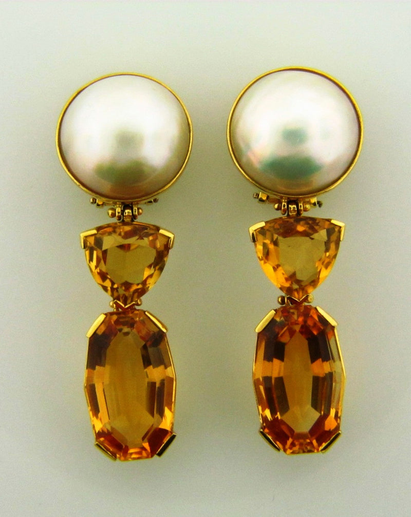 18K Yellow Gold Citrine and Mabe Pearl Earrings | 18 Karat Appraisers | Beverly Hills, CA | Fine Jewelry