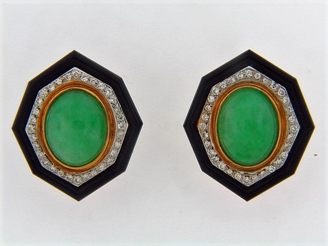 18K-YG JADE, ONYX AND DIAMOND EARCLIPS