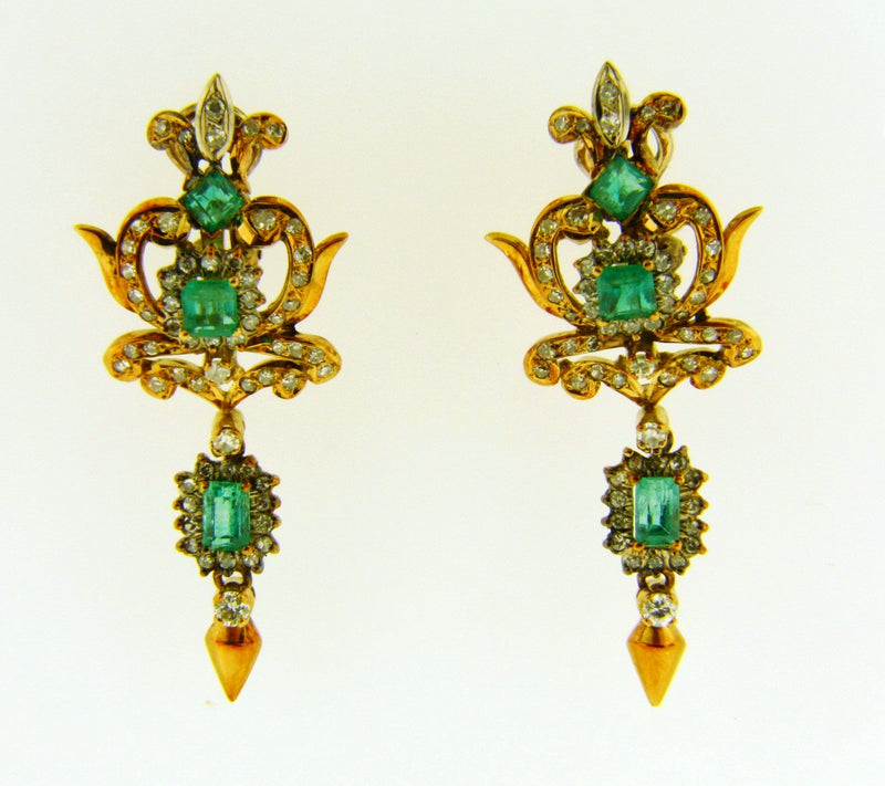 Victorian style 18K Yellow Gold, Emerald and Diamond Earrings | 18 Karat Appraisers | Beverly Hills, CA | Fine Jewelry