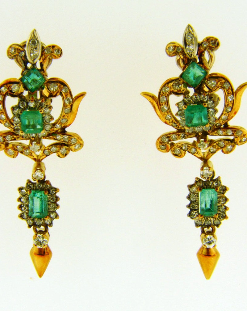 Victorian style 18K Yellow Gold, Emerald and Diamond Earrings | 18 Karat Appraisers | Beverly Hills, CA | Fine Jewelry