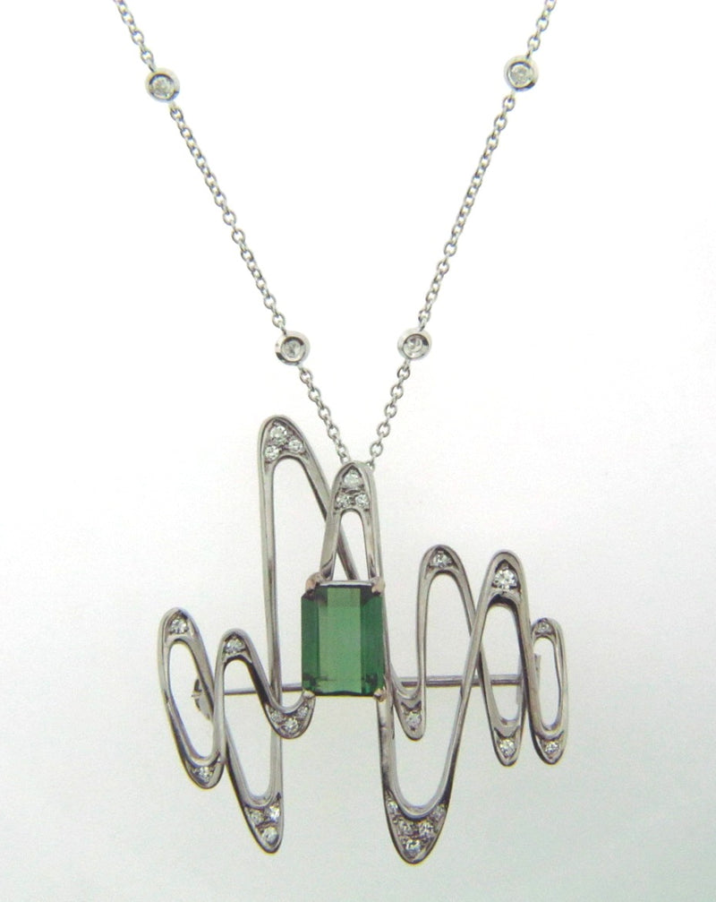 18K-WG GREEN TOURMALINE AND DIAMOND BROOCH / PENDANT