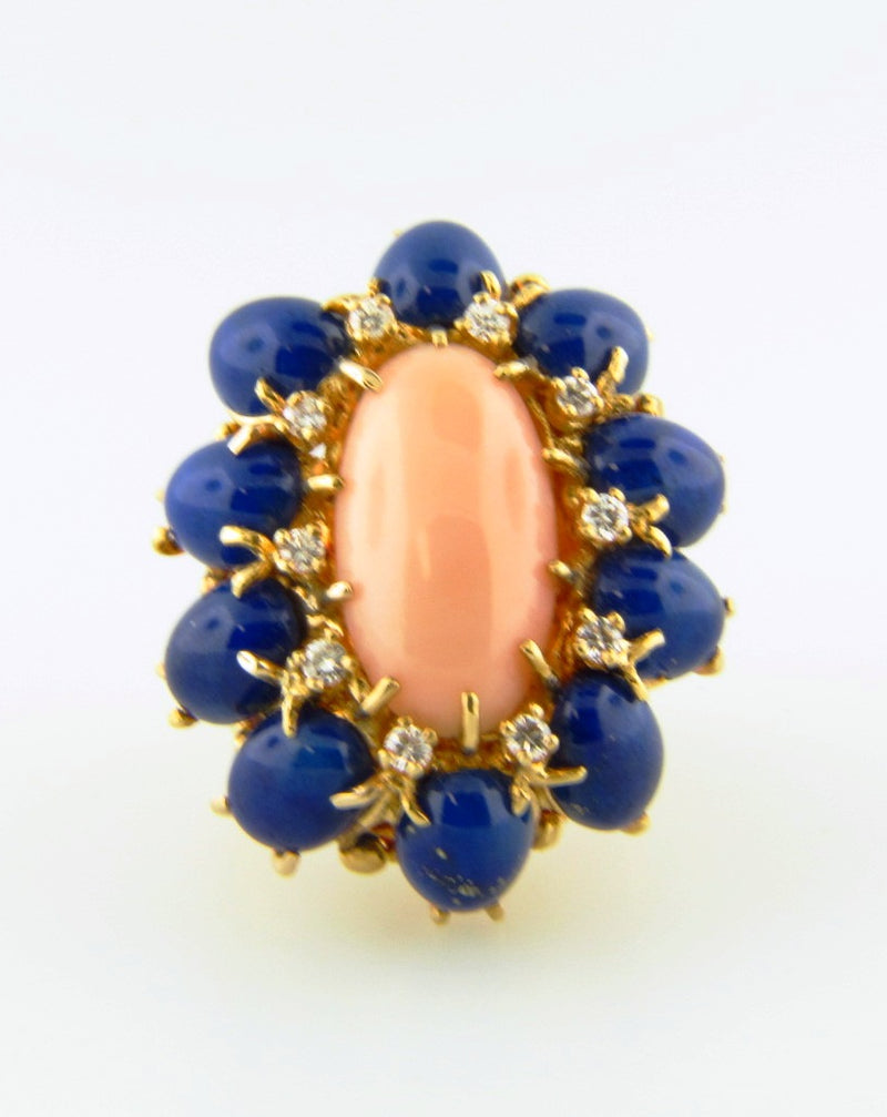 18K Yellow Gold, Coral, Lapis Lazuli, and Diamond Ring | 18 Karat Appraisers | Beverly Hills, CA | Fine Jewelry