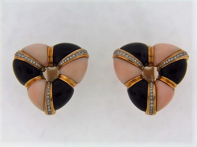 18K-YG PINK CORAL, BLACK ONYX, AND DIAMOND EARCLIPS