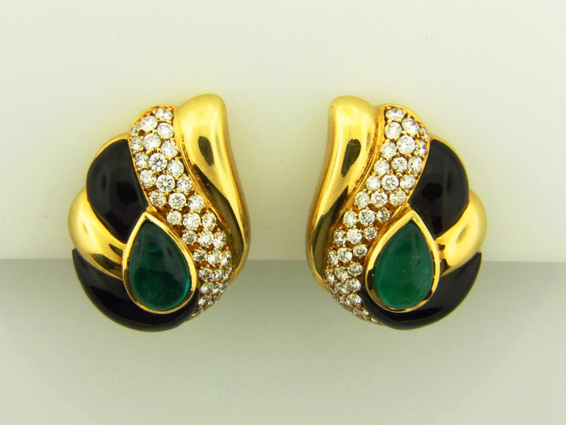 18K Yellow Gold, Emerald, Diamond, and Onyx Earrings | 18 Karat Appraisers | Beverly Hills, CA | Fine Jewelry