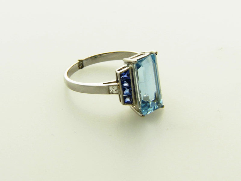 Platinum Aquamarine, Sapphire, and Diamond Ring | 18 Karat Appraisers | Beverly Hills, CA | Fine Jewelry