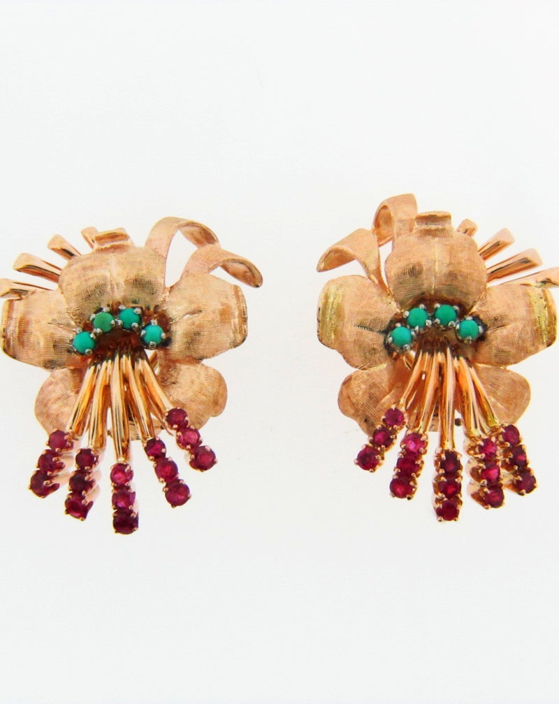 18K-YG+RG RUBY AND TURQUOISE FLOWER EARCLIPS