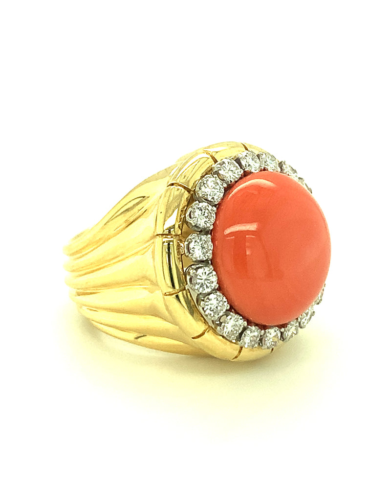 18K-YG CORAL AND DIAMOND RING