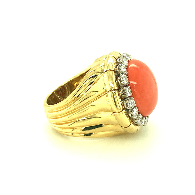 18K-YG CORAL AND DIAMOND RING